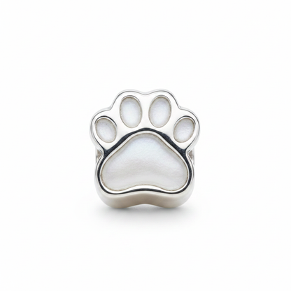 Solid Silver Dog Paw Bead 925 Silver Memorial Charm – white mica pearl inclusion