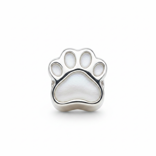 Solid Silver Dog Paw Bead 925 Silver Memorial Charm – white mica pearl inclusion