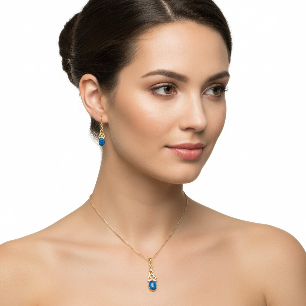 Model wearing complete 9ct gold Celtic memorial jewellery set – pendant 10x8mm and earrings 7x5mm at true dainty scale