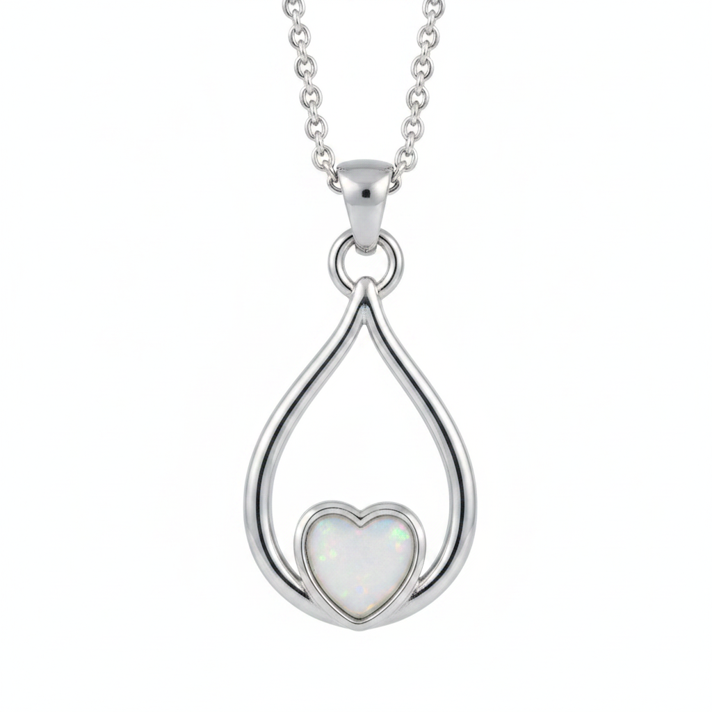 316L stainless steel eternal heart loop memorial pendant necklace with white pearl opal shimmer resin in heart bezel on white background