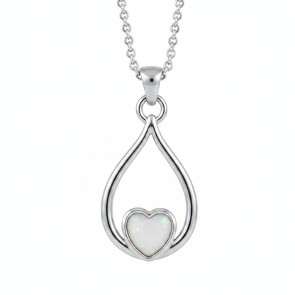 316L stainless steel eternal heart loop memorial pendant necklace with white pearl opal shimmer resin in heart bezel on white background