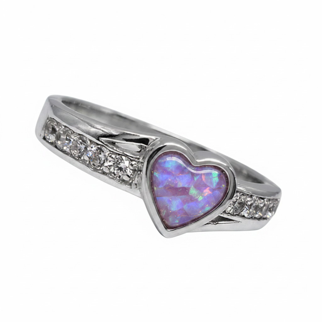 Heart accent CZ 925 silver ring with lavender purple opal resin in 7x5mm heart setting on white background