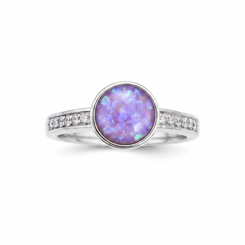 Multi gem round 6mm CZ 925 silver ring with lavender purple opal resin in round centre setting on white background