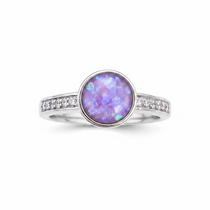 Multi gem round 6mm CZ 925 silver ring with lavender purple opal resin in round centre setting on white background