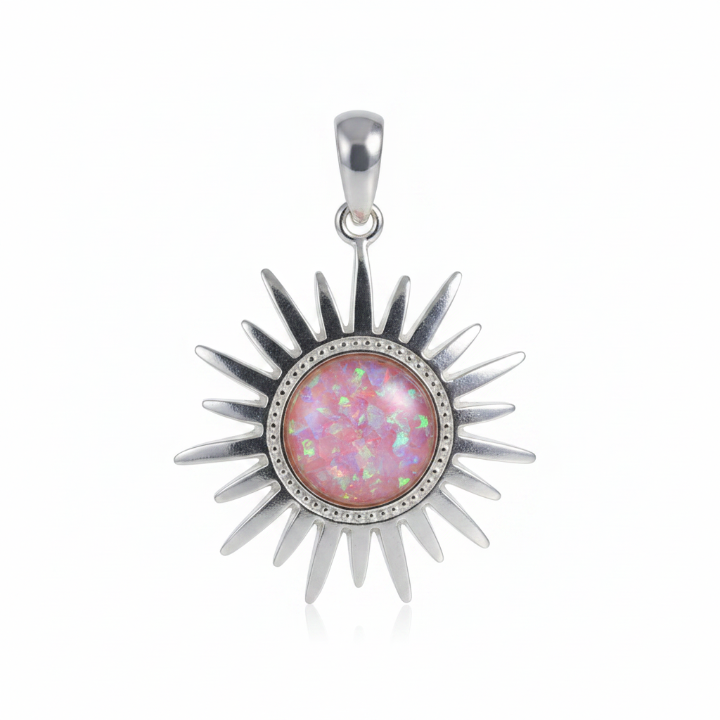 Silver 925 rising sun memorial pendant with pink opal flakes, white background