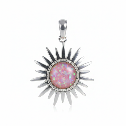 Silver 925 rising sun memorial pendant with pink opal flakes, white background