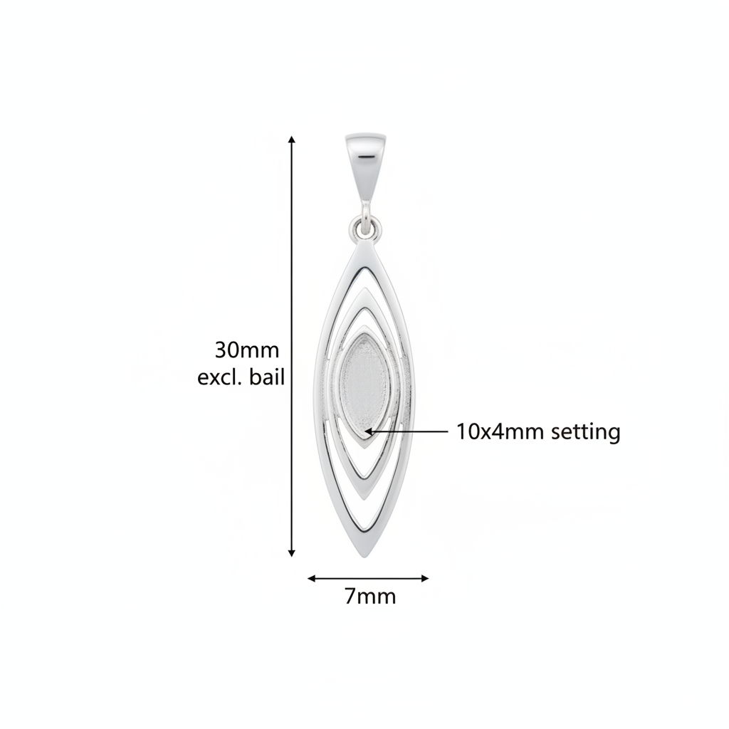 Silver 925 triple marquise memorial pendant dimensions — 30x7mm excl. bail, 10x4mm centre setting
