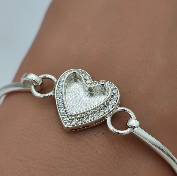 Heart CZ Hook Clasp 925 Silver Bangle | Ashes, Hair & Fur Memorial Keepsake
