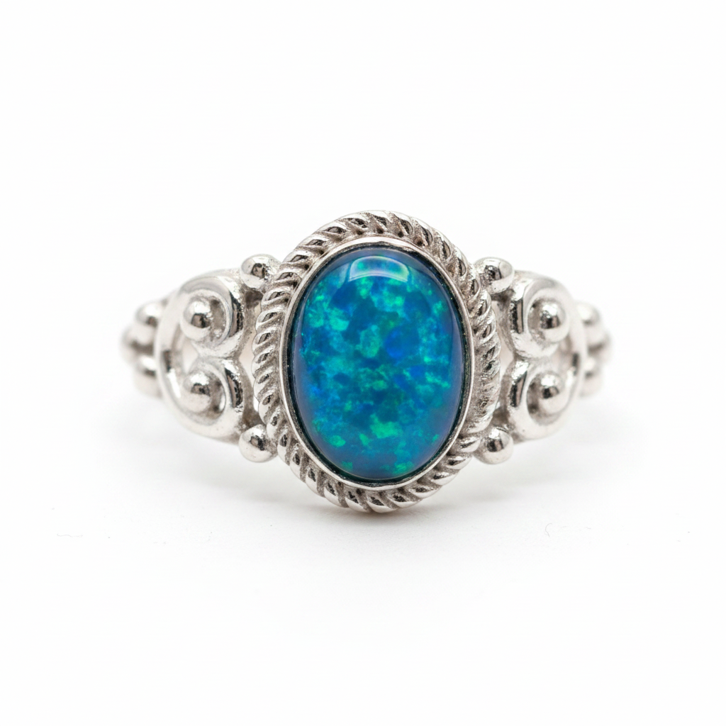 Filigree Bobble Oval Rope 925 Silver Ring with rich blue teal opal resin — pure white background