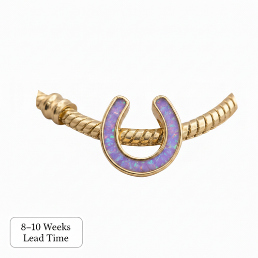 9ct Gold Horseshoe Bead Charm — lavender opal resin, white background