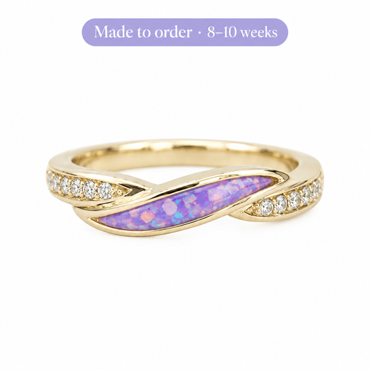 Illustrative 9ct yellow gold single recess memorial ring with lavender purple opal flakes