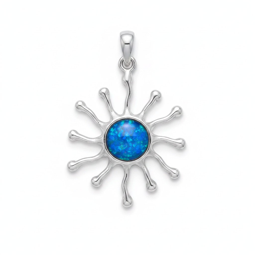 Silver 925 sunburst memorial pendant with blue opal flakes, white background