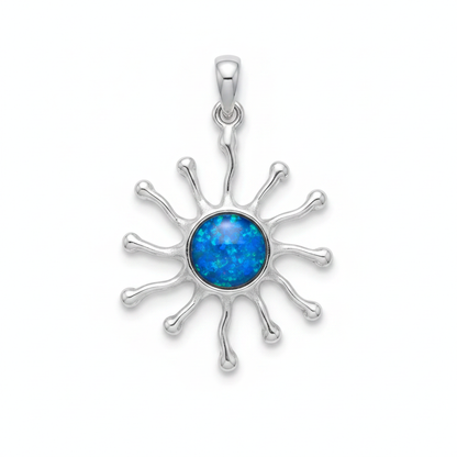 Silver 925 sunburst memorial pendant with blue opal flakes, white background