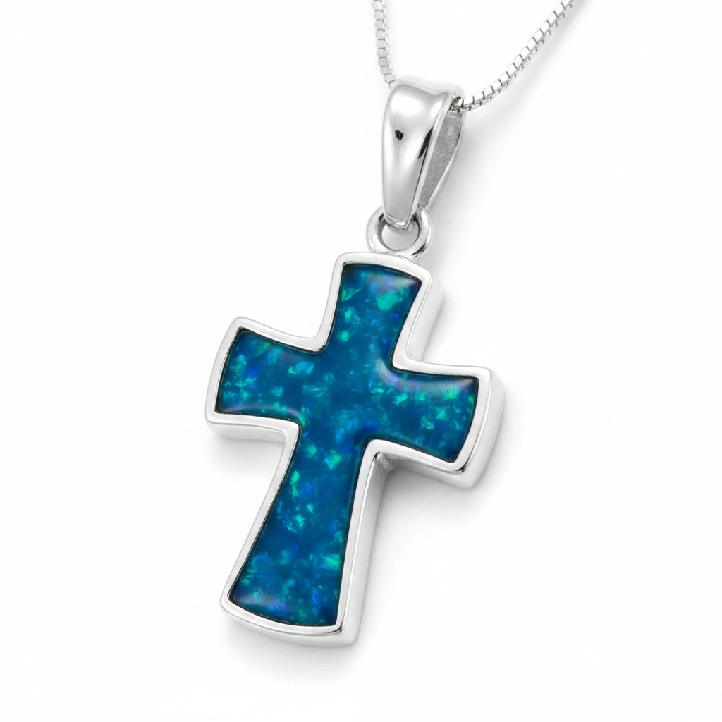 Silver 925 solid back cross memorial pendant — blue teal opal flakes resin filling full cross interior setting