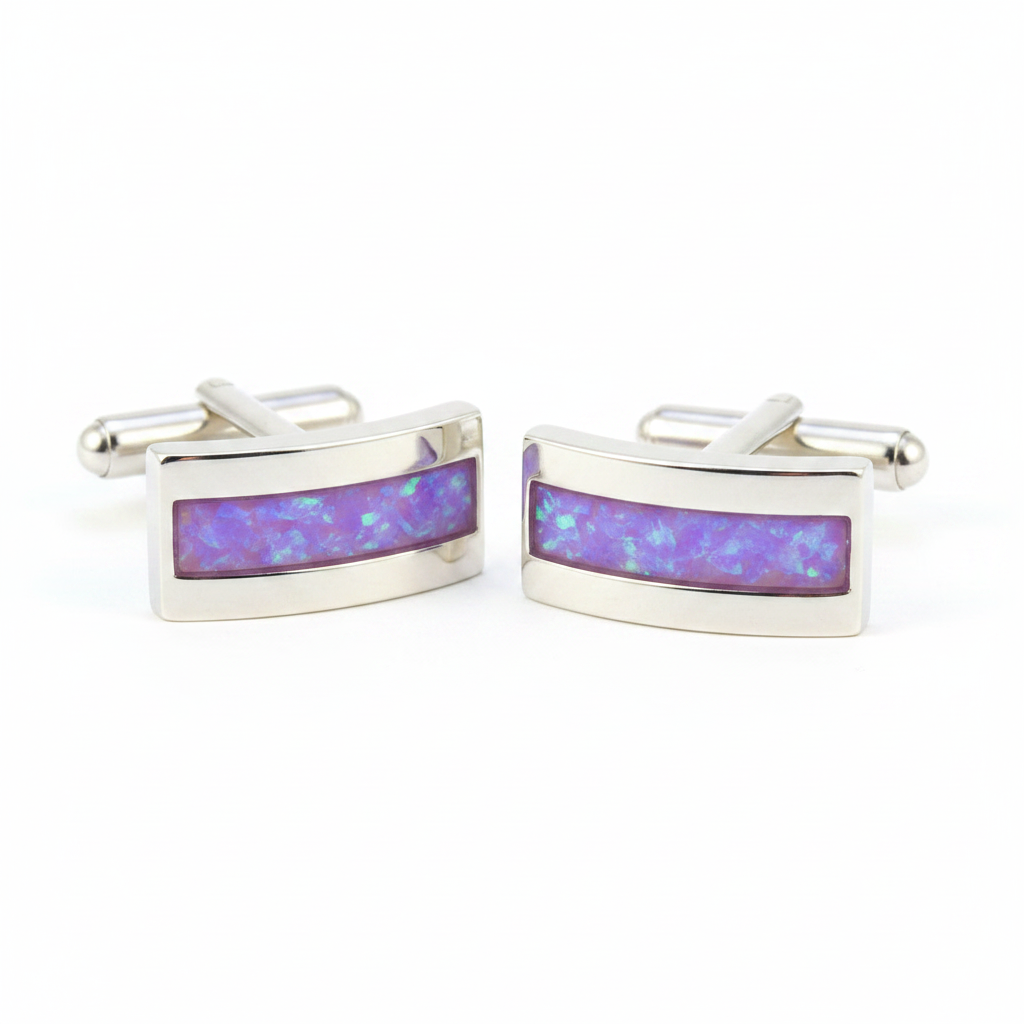 Silver 925 curved rectangular channel cufflinks with lavender purple opal resin in 3x20mm channel on white background