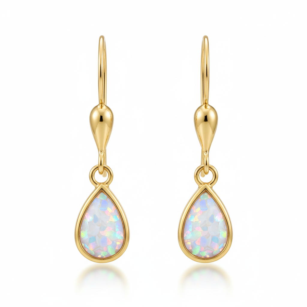 9ct gold teardrop memorial drop earrings with white pearl iridescent opal flakes – white background