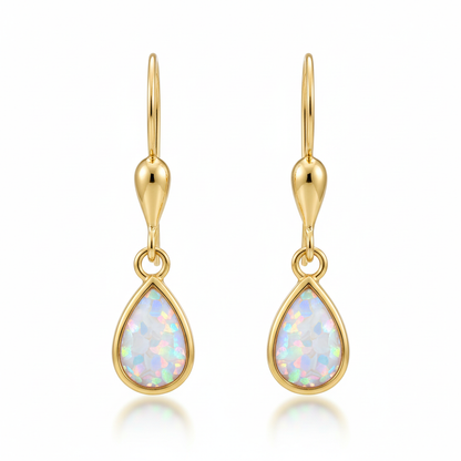 9ct gold teardrop memorial drop earrings with white pearl iridescent opal flakes – white background