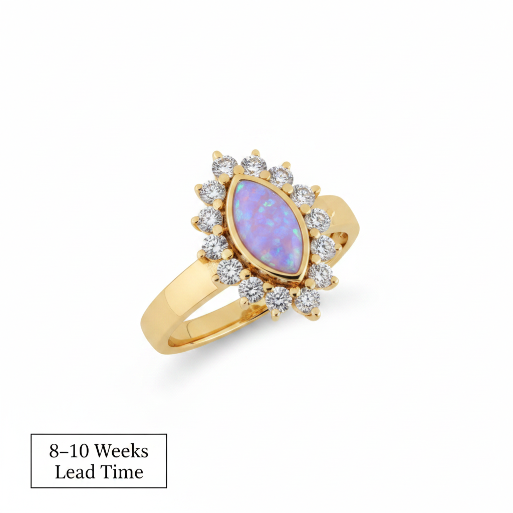 9ct Gold Princess Marquise CZ Halo Ring — lavender opal resin, white background