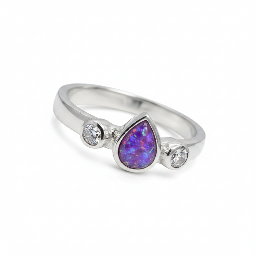 Mini pear double gem 925 silver ring with lavender purple opal resin in 7x5mm pear setting on white background