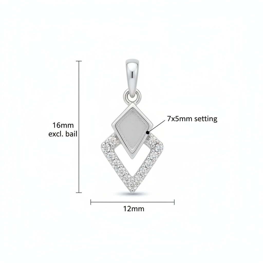 Silver 925 kite diamond CZ memorial pendant dimensions — 16x12mm excl. bail, 7x5mm kite setting