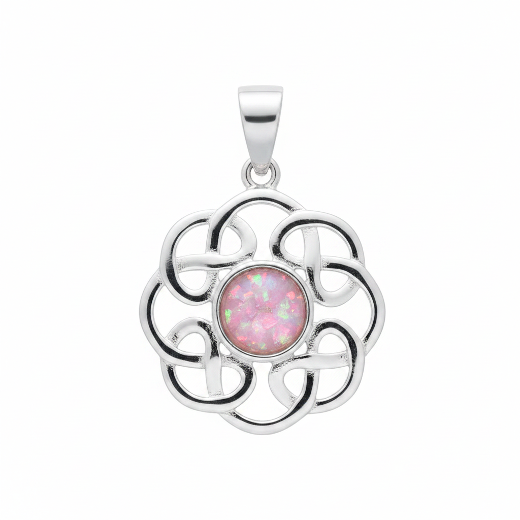 Silver 925 Celtic flower knot memorial pendant with pink opal flakes, white background