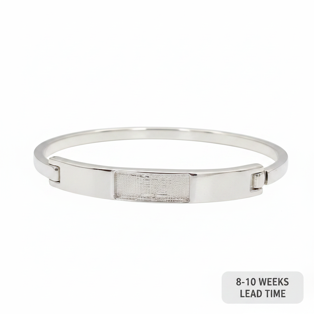 Solid weighted 925 silver bar bangle on white background with 8-10 weeks lead time label