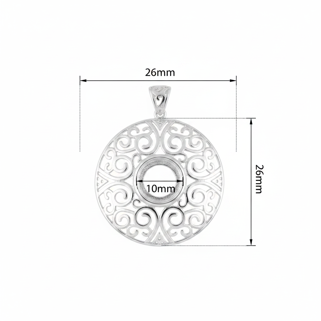Heavy silver 925 filigree disc memorial pendant dimensions — 26mm overall, 10mm round centre