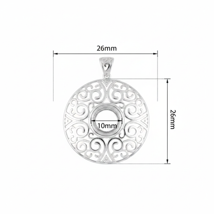 Heavy silver 925 filigree disc memorial pendant dimensions — 26mm overall, 10mm round centre