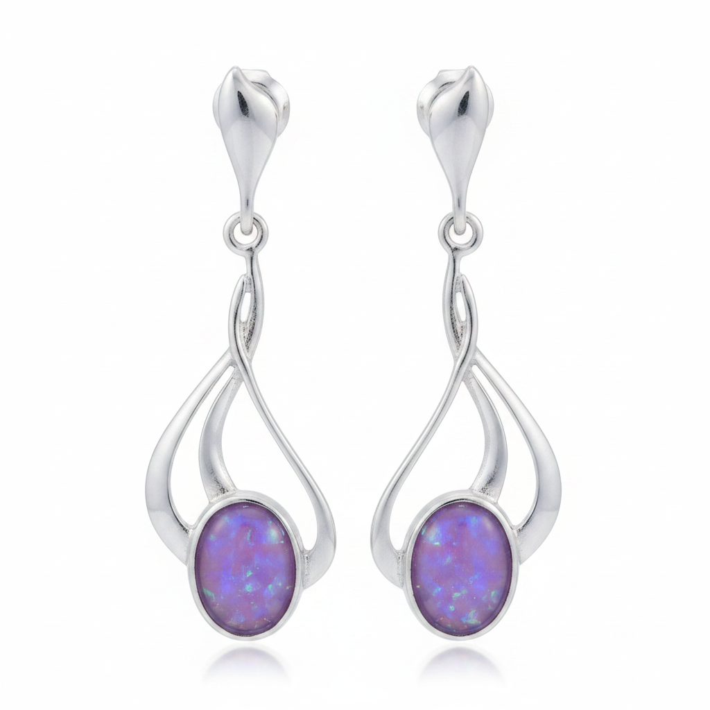 Silver 925 fancy swirl drop memorial earrings — lavender purple opal flakes resin in 8x6mm oval settings, open swirl flame drop design