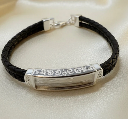 Solid Silver Gents Memorial Bracelet with Leather Strap – Ashes, Hair & Fur Keepsake – 925 Silver Setting