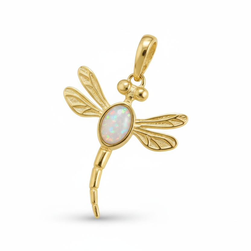 9ct gold dragonfly memorial pendant with white mica and opal flakes