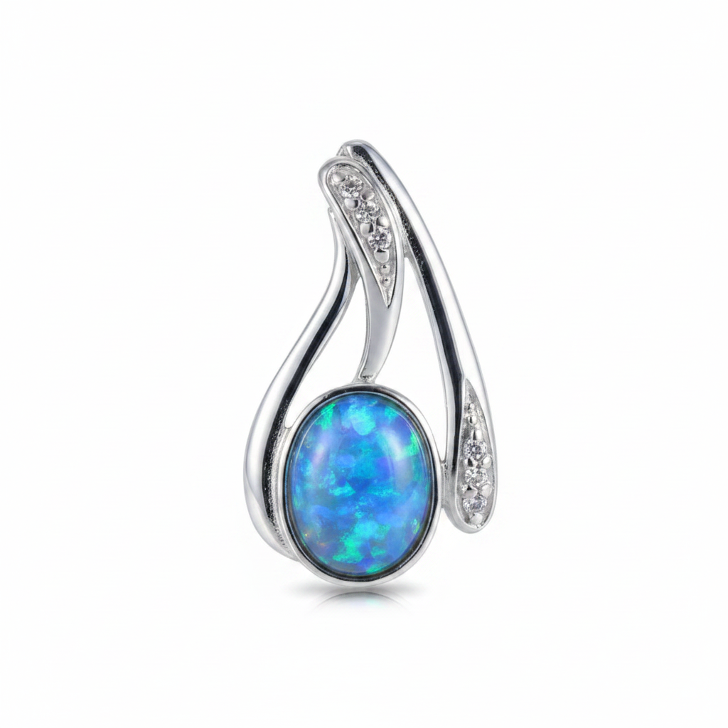 Silver 925 swirl CZ memorial pendant with blue opal flakes, white background