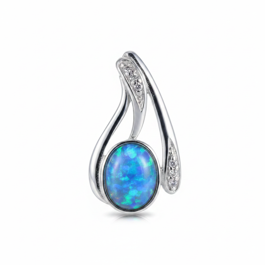 Silver 925 swirl CZ memorial pendant with blue opal flakes, white background