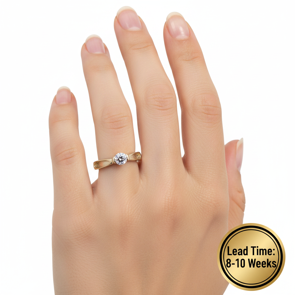 9ct gold CZ solitaire ring worn on finger lifestyle shot, white background, lead time 8-10 weeks