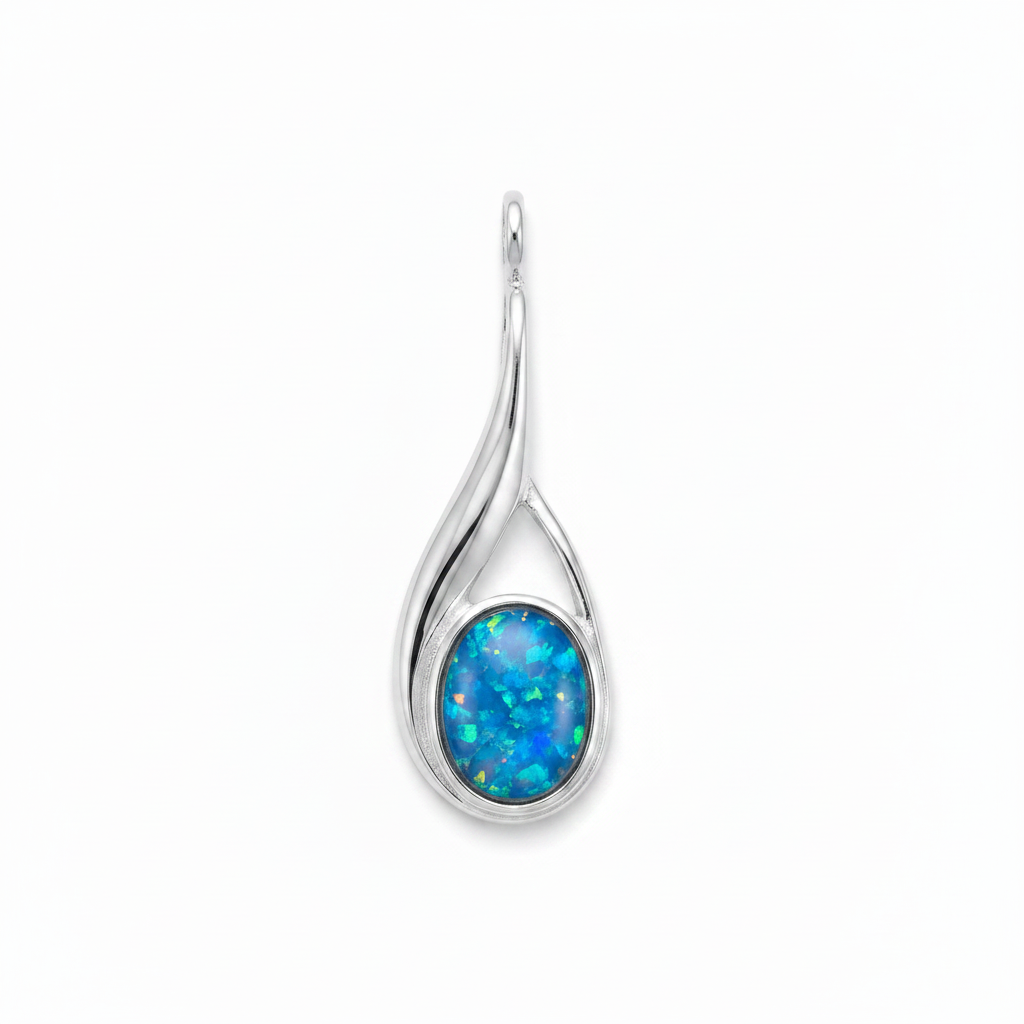 Silver 925 fluid twist teardrop memorial pendant with blue opal flakes, white background