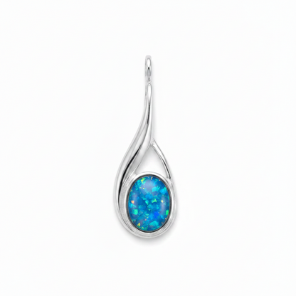 Silver 925 fluid twist teardrop memorial pendant with blue opal flakes, white background