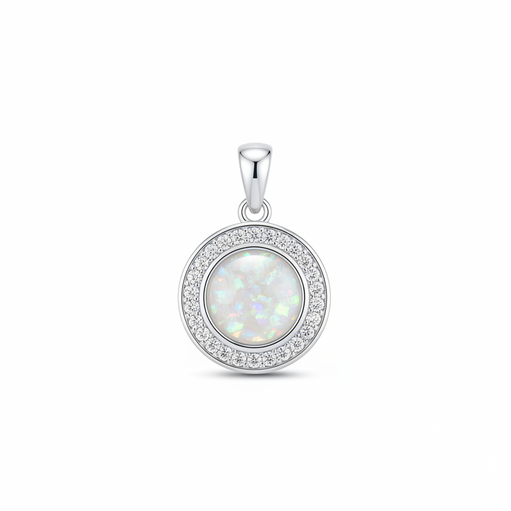 Solid silver 925 round halo CZ memorial pendant with white opal and mica, white background