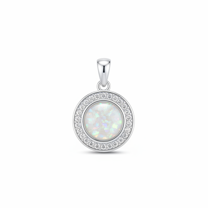 Solid silver 925 round halo CZ memorial pendant with white opal and mica, white background