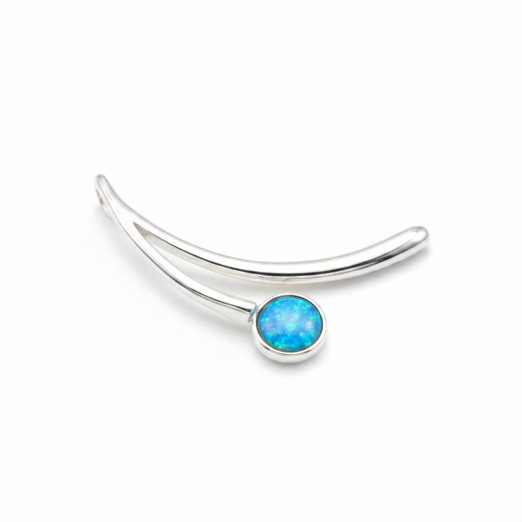 Silver 925 curved bar memorial pendant with blue opal flakes, white background
