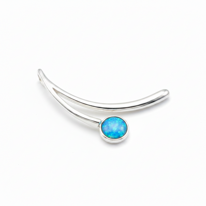 Silver 925 curved bar memorial pendant with blue opal flakes, white background
