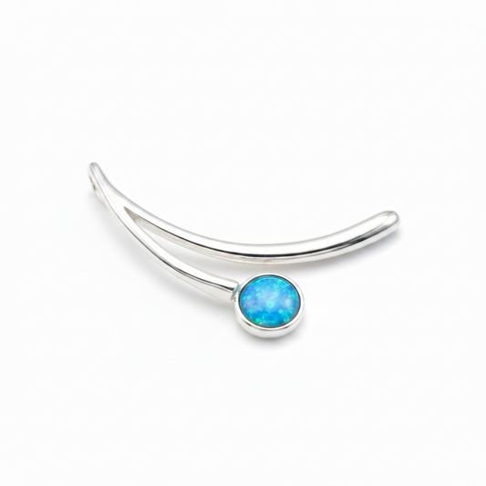 Silver 925 curved bar memorial pendant with blue opal flakes, white background
