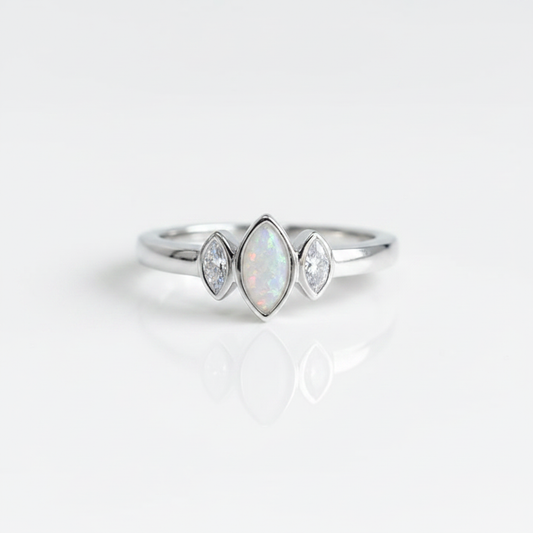 Trio almond sterling silver memorial ring with white pearl opal flakes in marquise central bezel