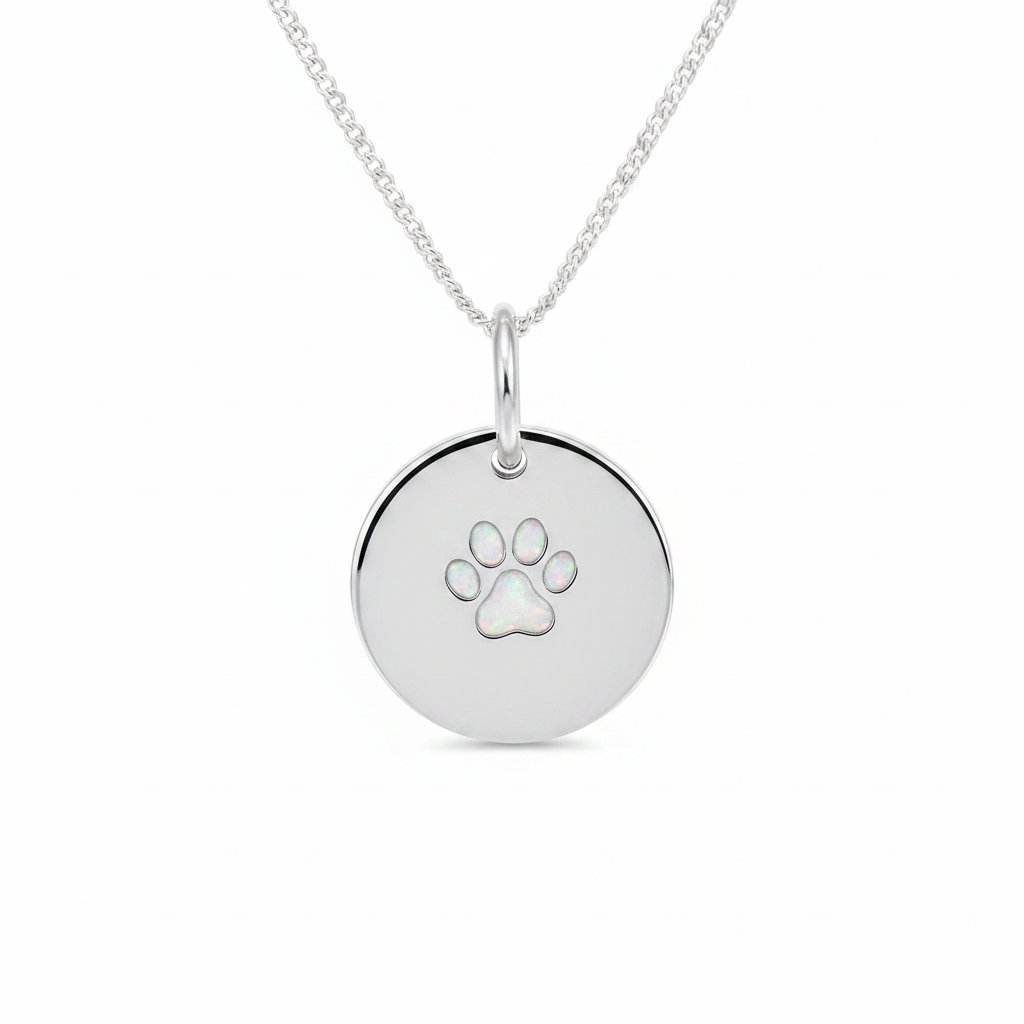 Round paw print 925 silver disc pendant with white pearl opal resin fill, white background