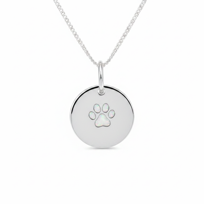 Round paw print 925 silver disc pendant with white pearl opal resin fill, white background
