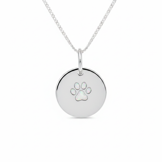 Round paw print 925 silver disc pendant with white pearl opal resin fill, white background