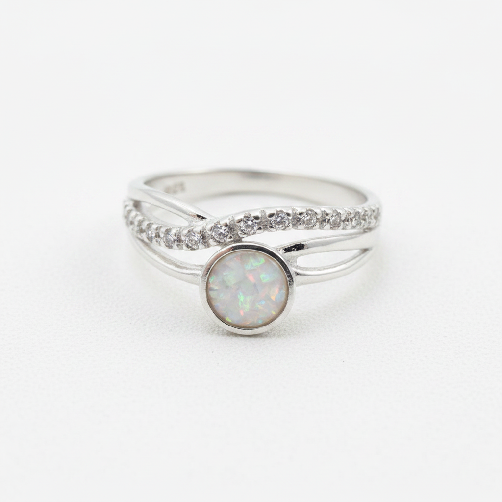 Silver 925 CZ crossover ring with white pearl opal resin in 5mm central setting on white background
