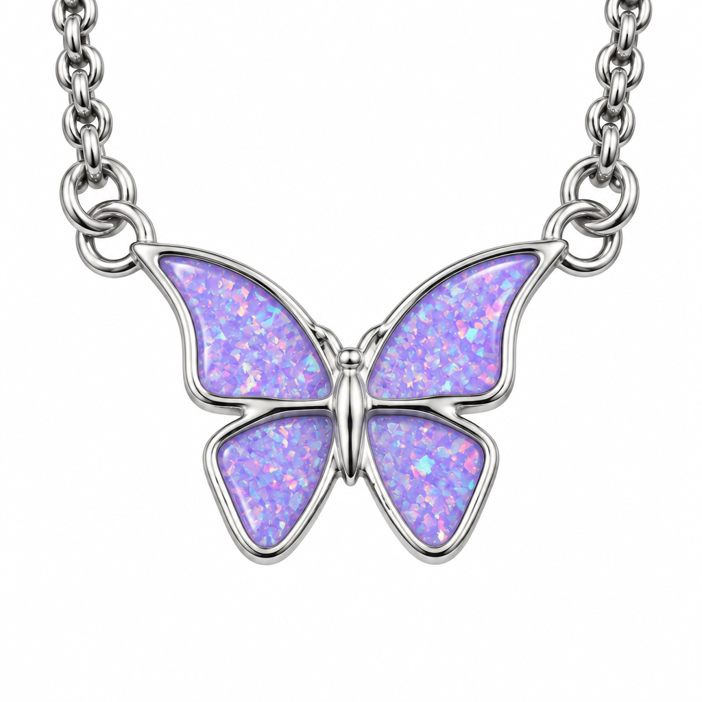 Butterfly memorial necklace with lavender opal resin wings