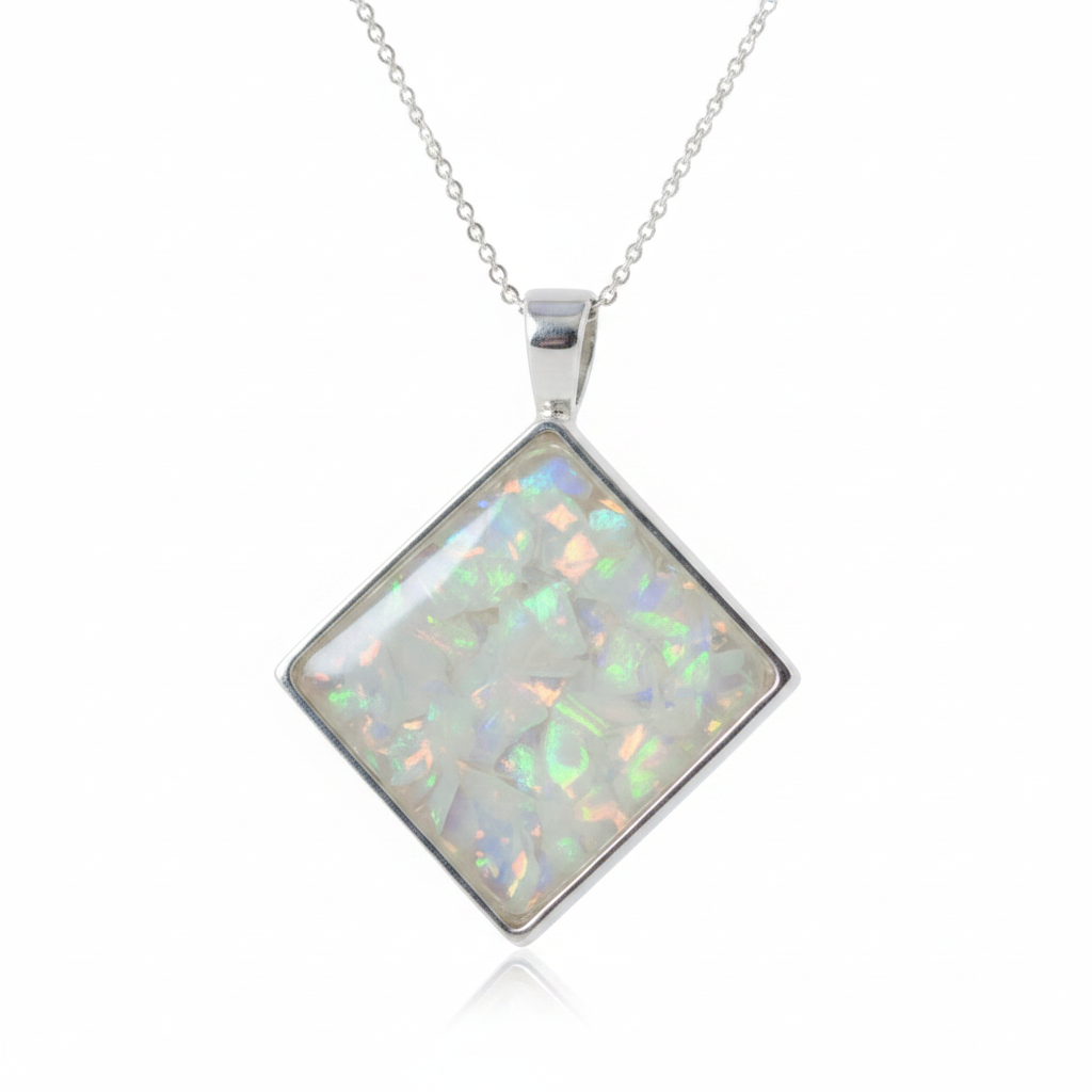 Silver 925 square diamond-set pendant — white pearl opal flakes domed resin inclusion