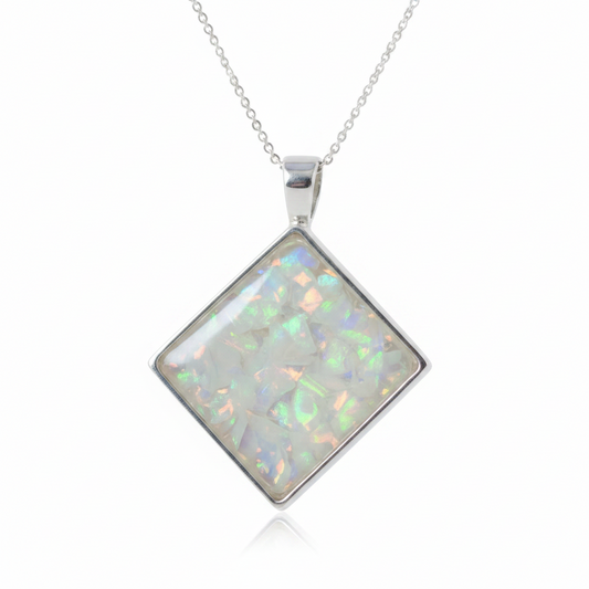 Silver 925 square diamond-set pendant — white pearl opal flakes domed resin inclusion
