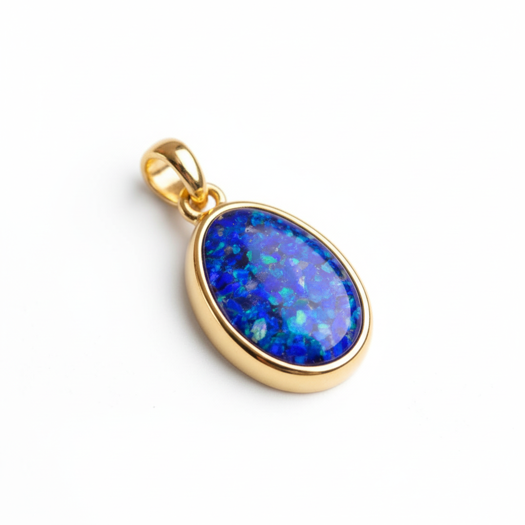 Gold pendant with blue gemstone on a light purple background